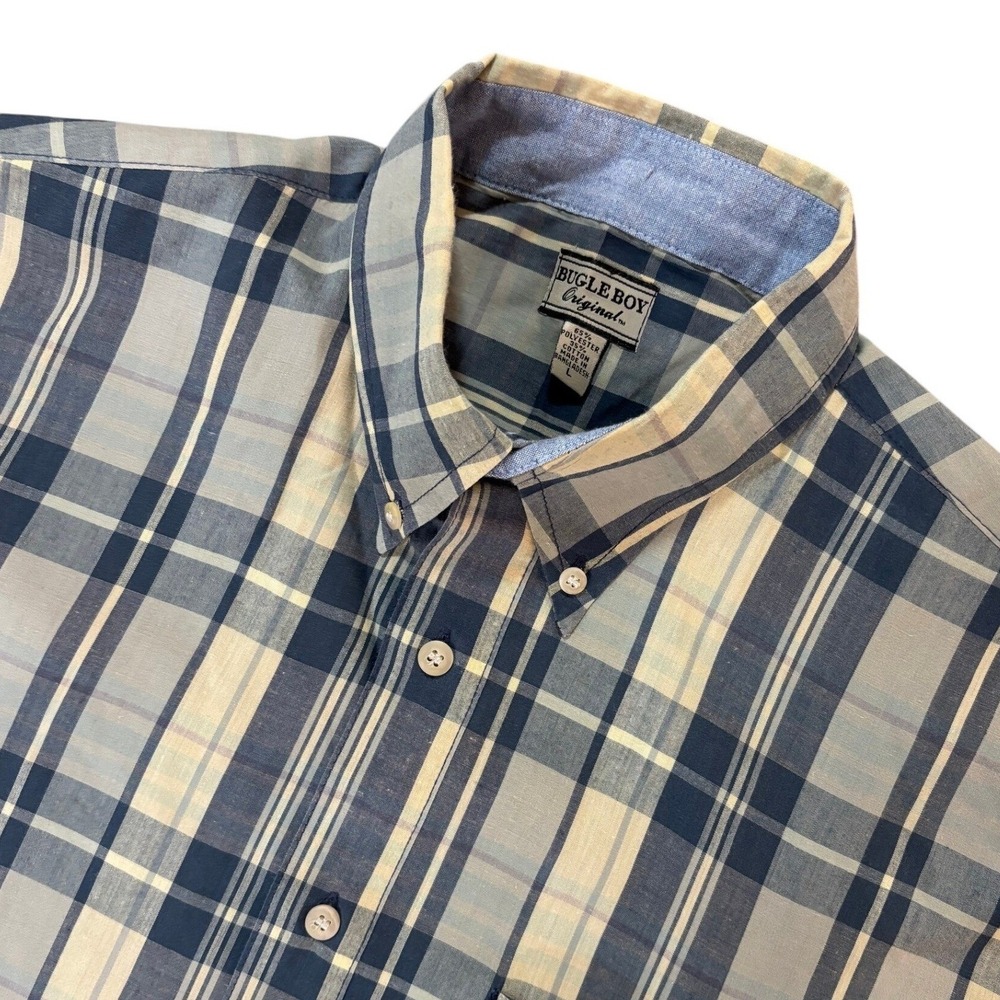 Bugle Boy Mens Blue Tan Plaid Short Sleeve Button Down Shirt Large Pocket L